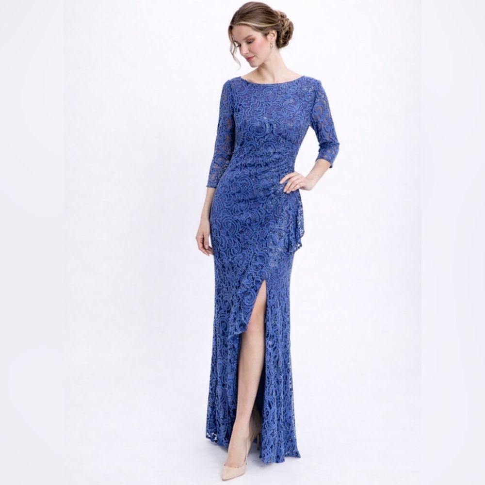 Alex Evenings Blue Lace Embellished A-Line Gown Formal Evening Dress Slit NWOT